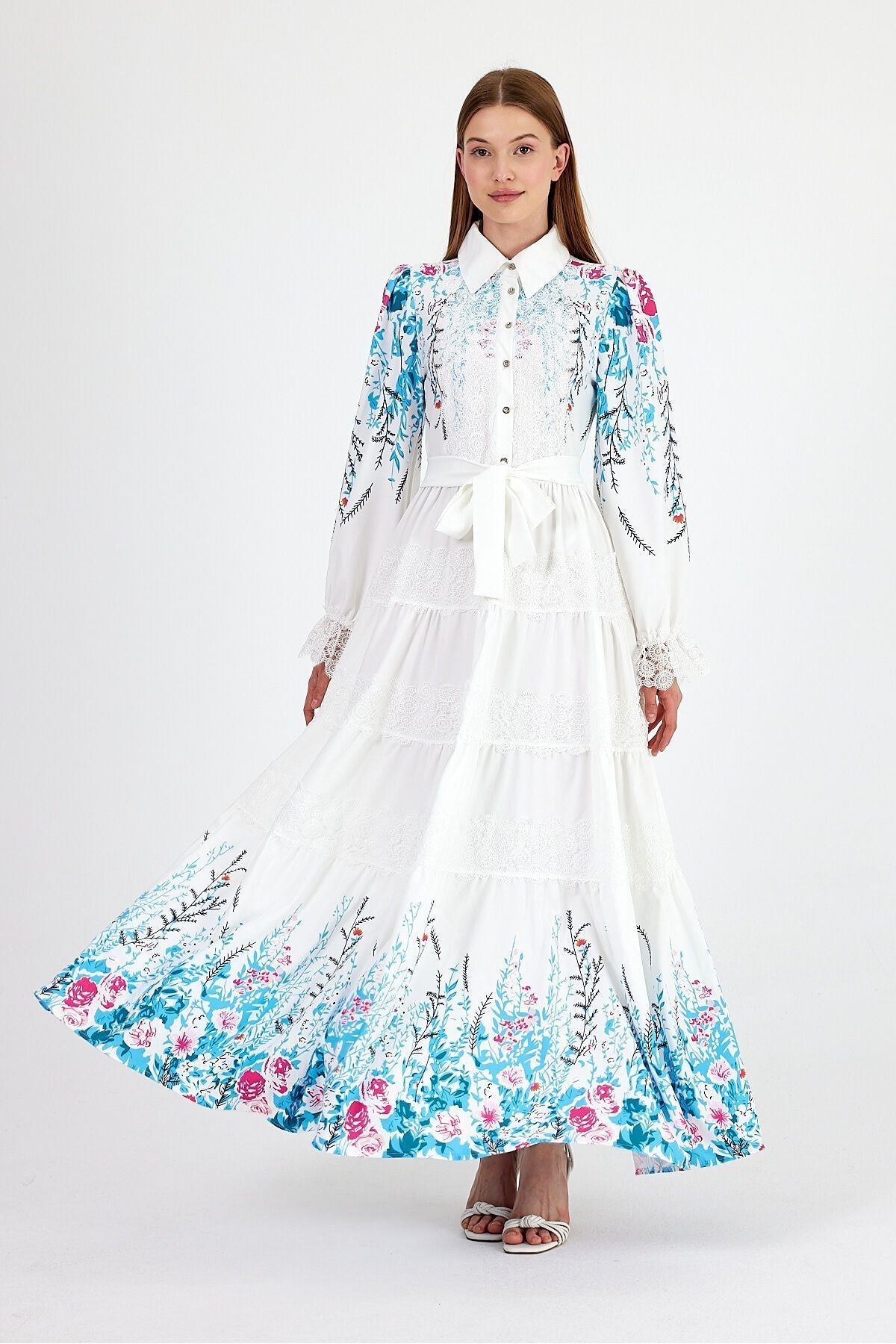 Layered Lace and Belted Floral Print Dress