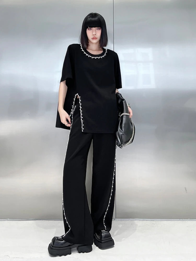Black Beaded Loose Split T-Shirt & Wide-Leg Pants Set