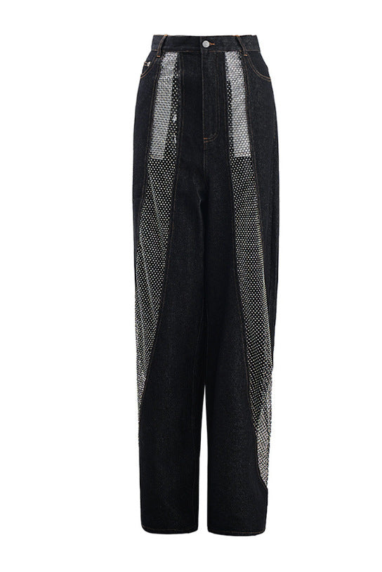 Patchwork See-Through Hollow Mesh Decor Straight Jeans