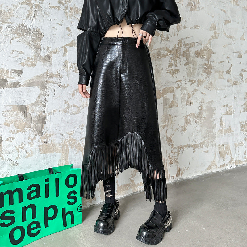 Asymmetric Tassel PU Leather A-Line Skirt