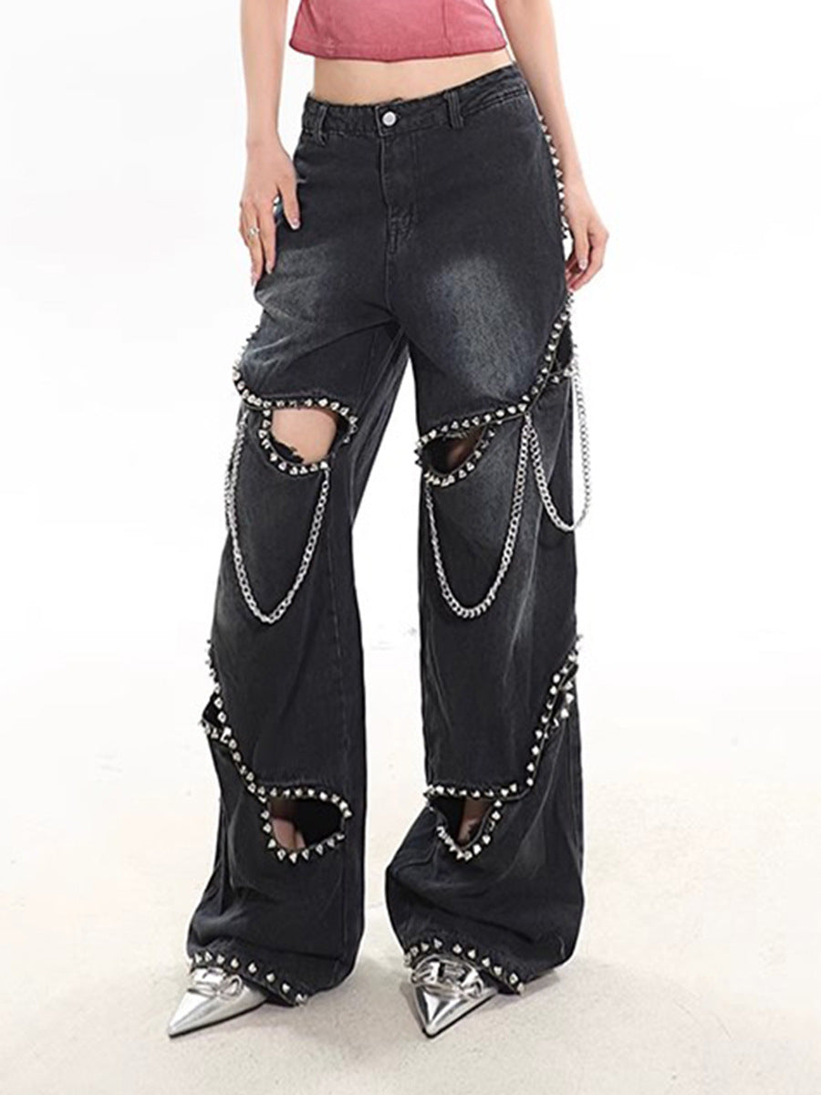 High Waist Hollow Rivet Denim Jeans