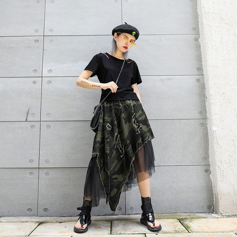 Irregular Style Camouflage Denim A-Line Skirt