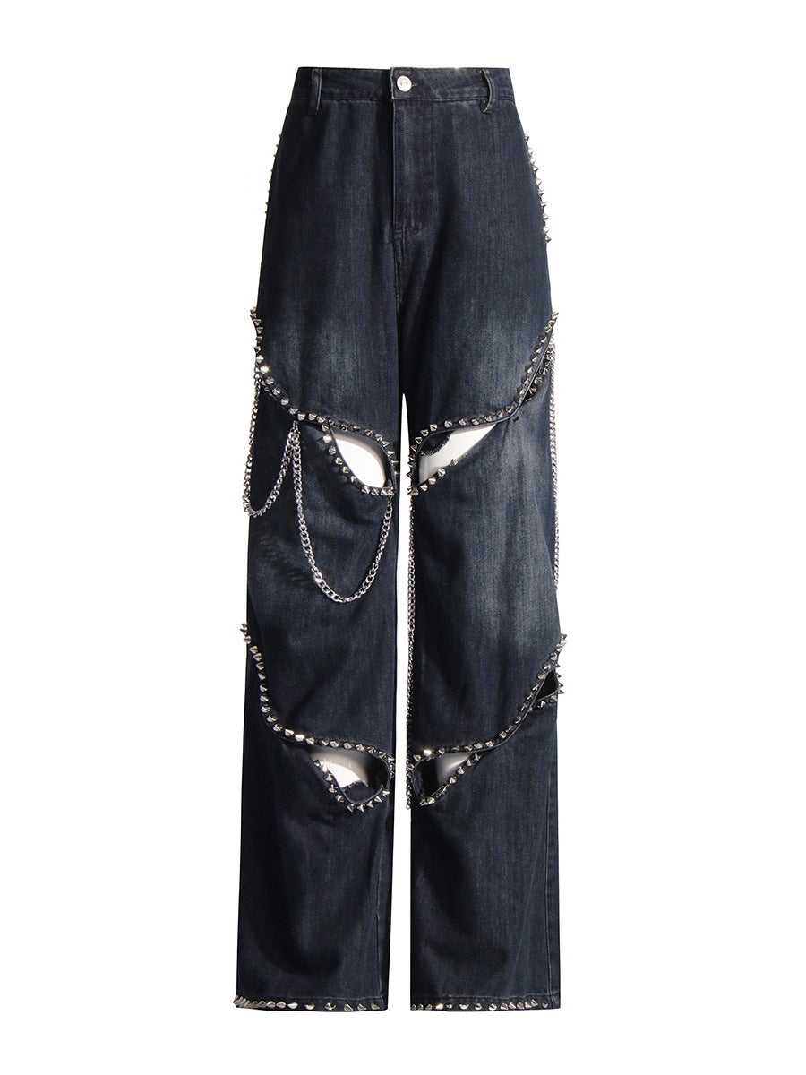 High Waist Hollow Rivet Denim Jeans
