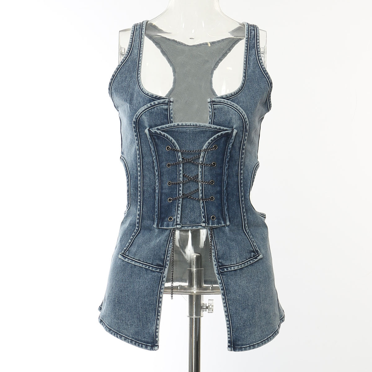 Trendy Stretch Denim Hollow Tank Top