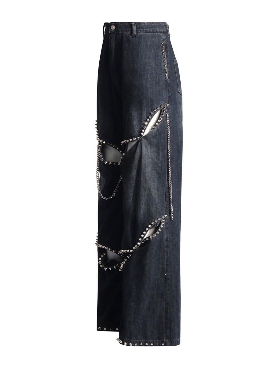 High Waist Hollow Rivet Denim Jeans