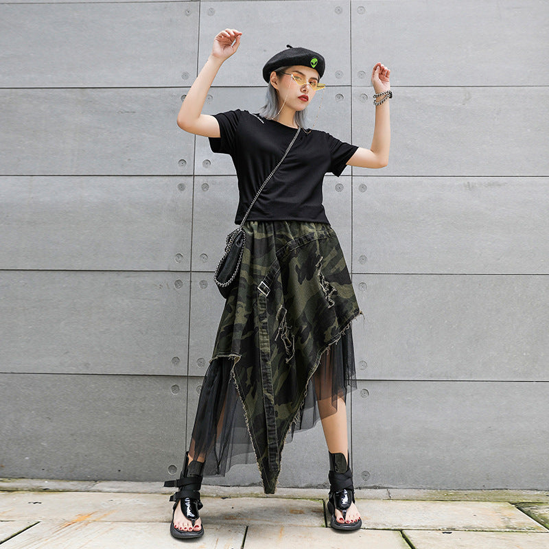 Irregular Style Camouflage Denim A-Line Skirt