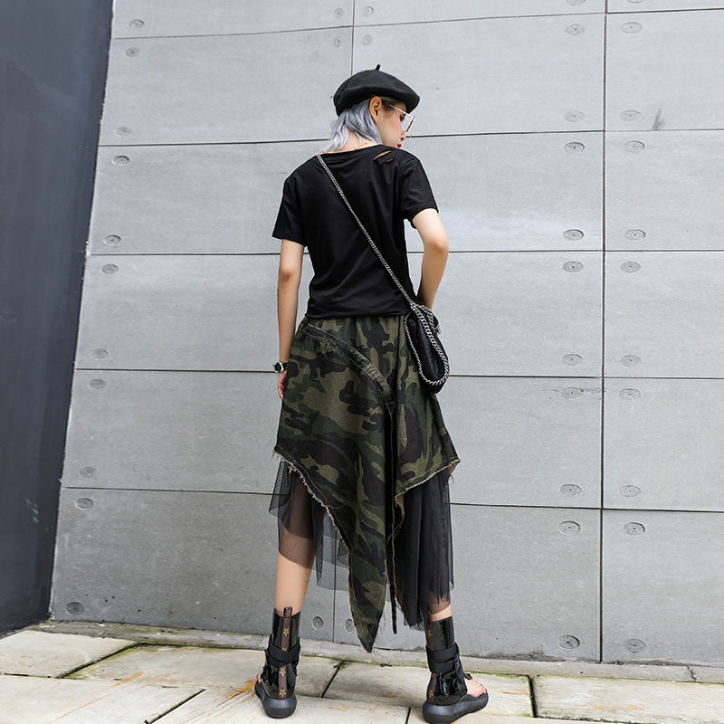 Irregular Style Camouflage Denim A-Line Skirt