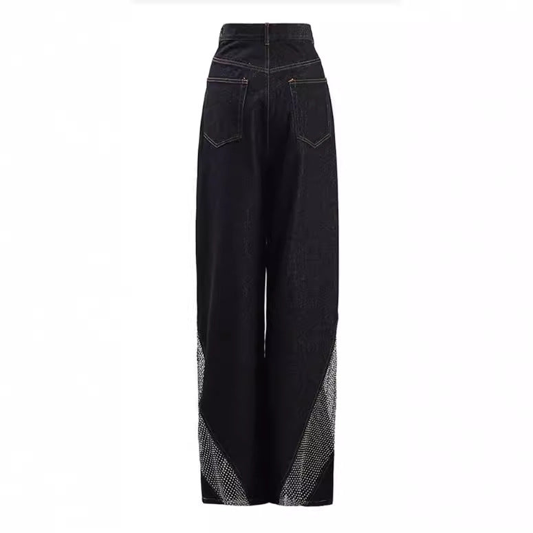 Patchwork See-Through Hollow Mesh Decor Straight Jeans