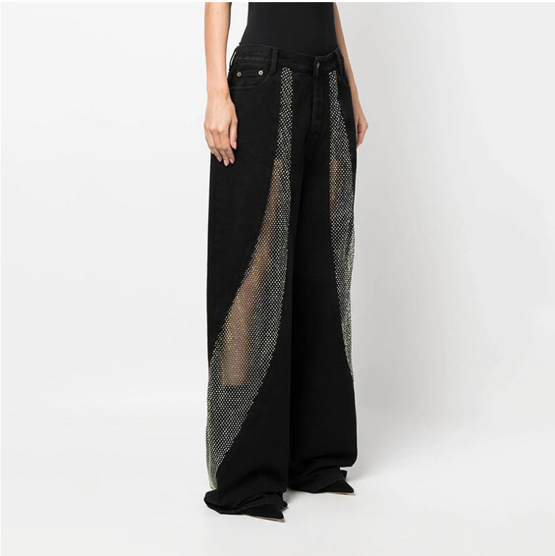 Patchwork See-Through Hollow Mesh Decor Straight Jeans