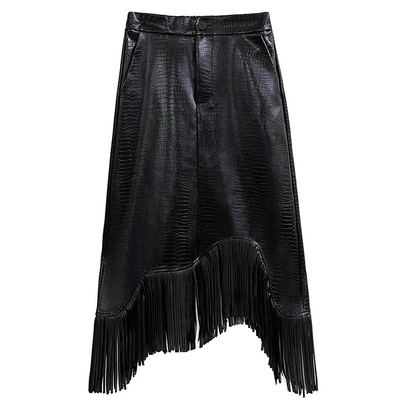 Asymmetric Tassel PU Leather A-Line Skirt