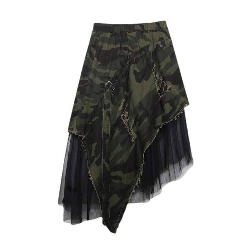 Irregular Style Camouflage Denim A-Line Skirt