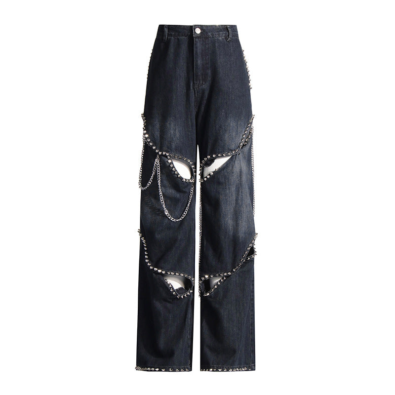 High Waist Hollow Rivet Denim Jeans
