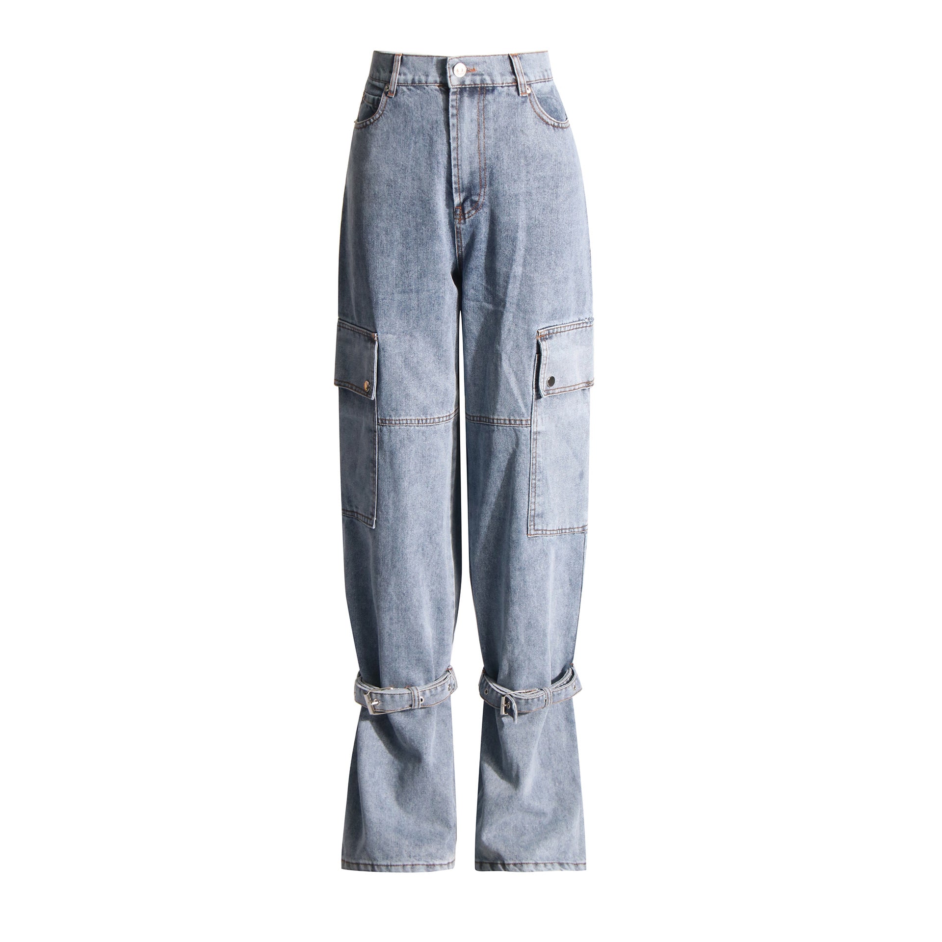 Vintage Street Fashion Strap Lacing Wide Straight Leg Cargo Jeans