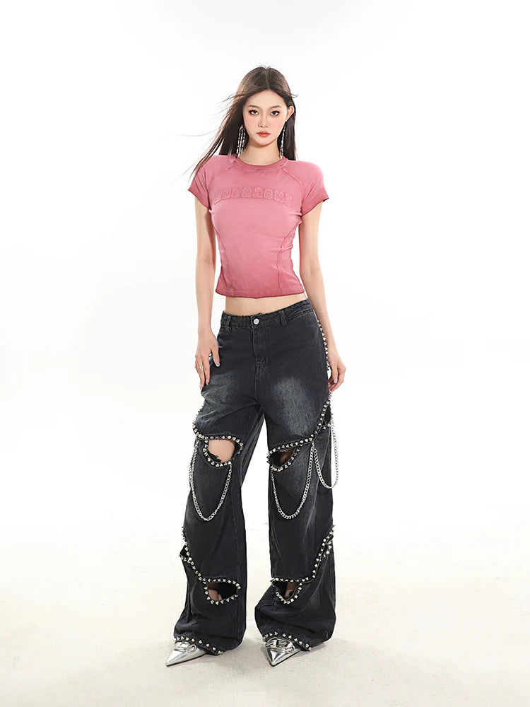 High Waist Hollow Rivet Denim Jeans