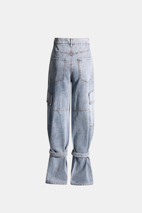 Vintage Street Fashion Strap Lacing Wide Straight Leg Cargo Jeans