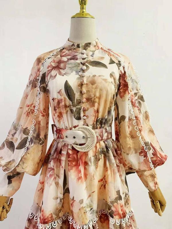 Stand Collar Long Sleeve Belt Floral Dress