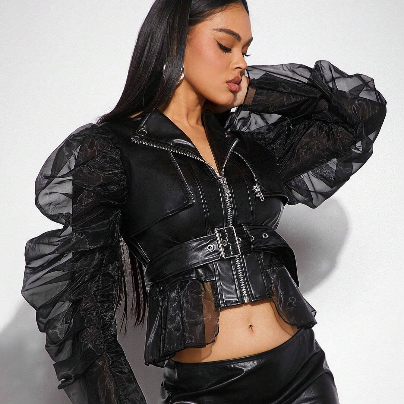 Black Mesh Double Sleeves Jacket with Zipper and Tulle Hem