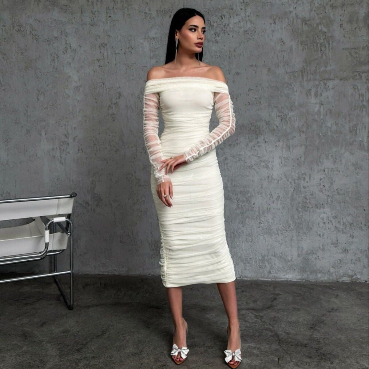 Long Sleeve Slim Fit Midi Pencil Dress
