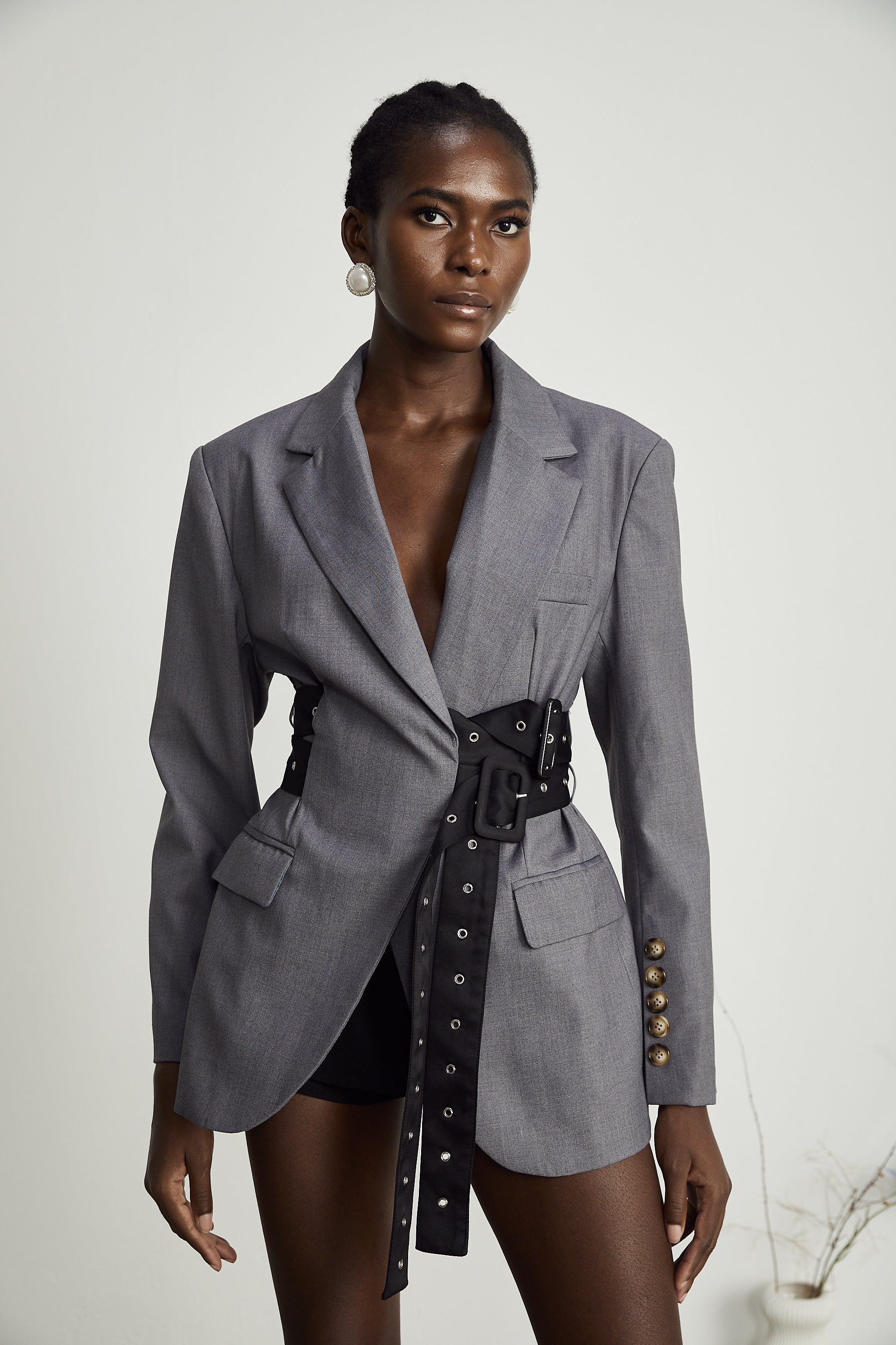 V-Neck Patchwork Belted Blazer