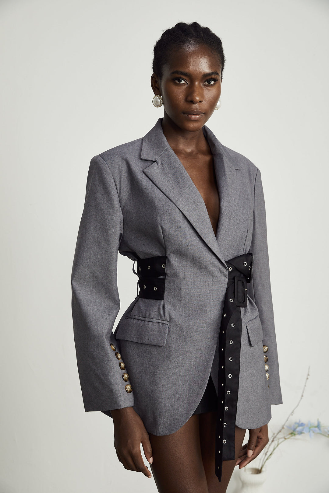 V-Neck Patchwork Belted Blazer