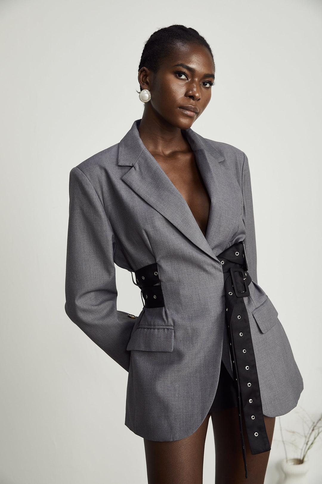V-Neck Patchwork Belted Blazer