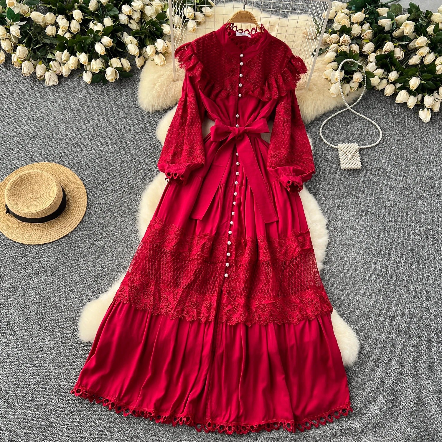 Ruffle Lace Red Long Dress