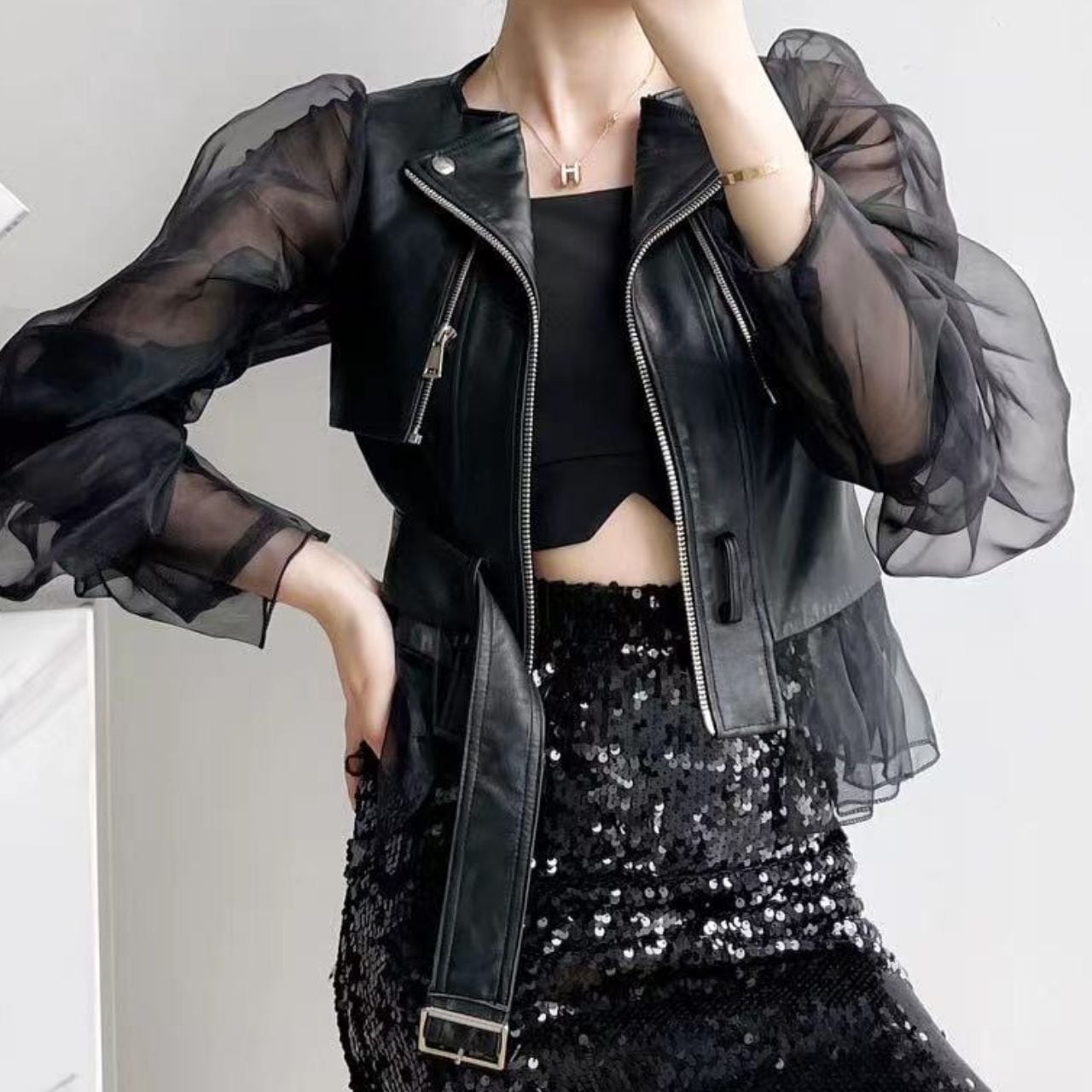 Black Mesh Double Sleeves Jacket with Zipper and Tulle Hem