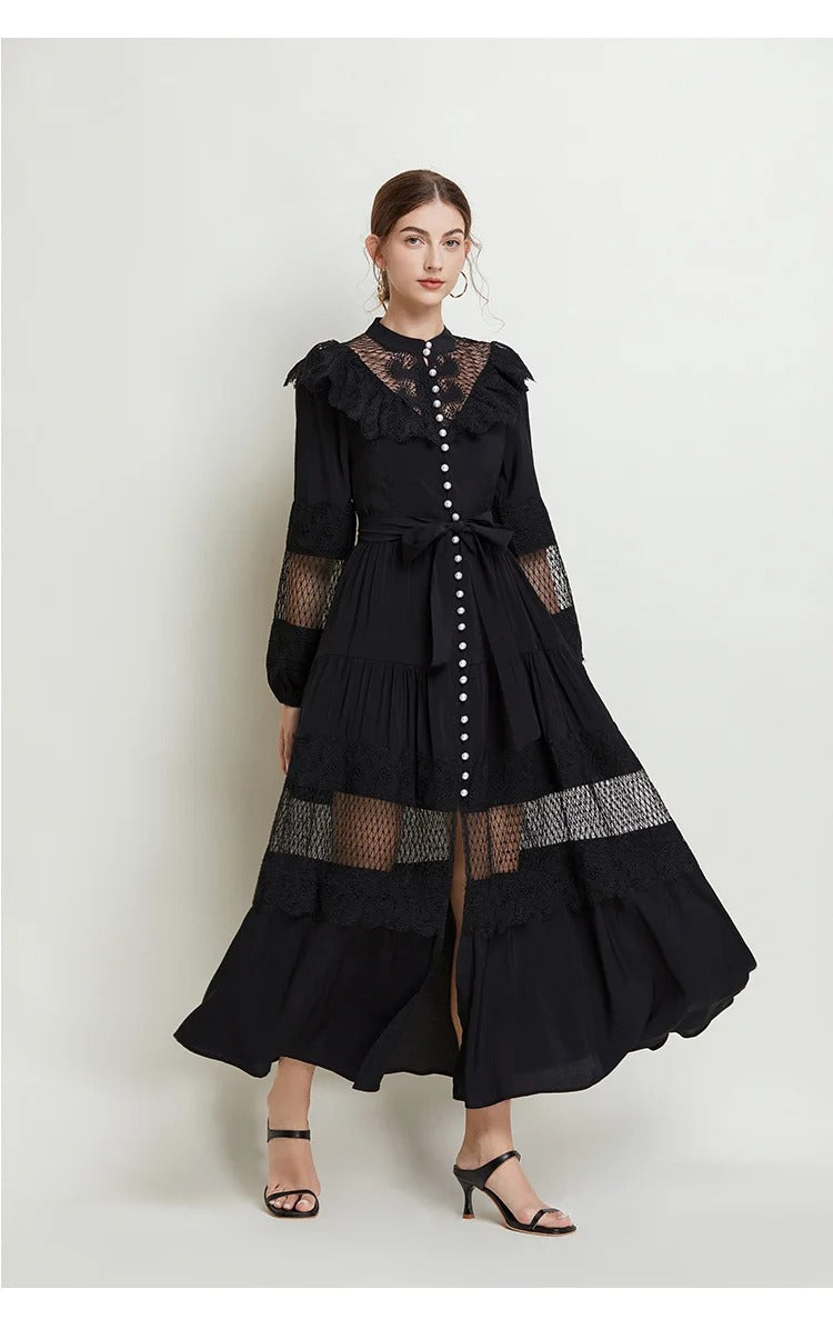Pearl Button Lace Maxi Dress with Ruffles