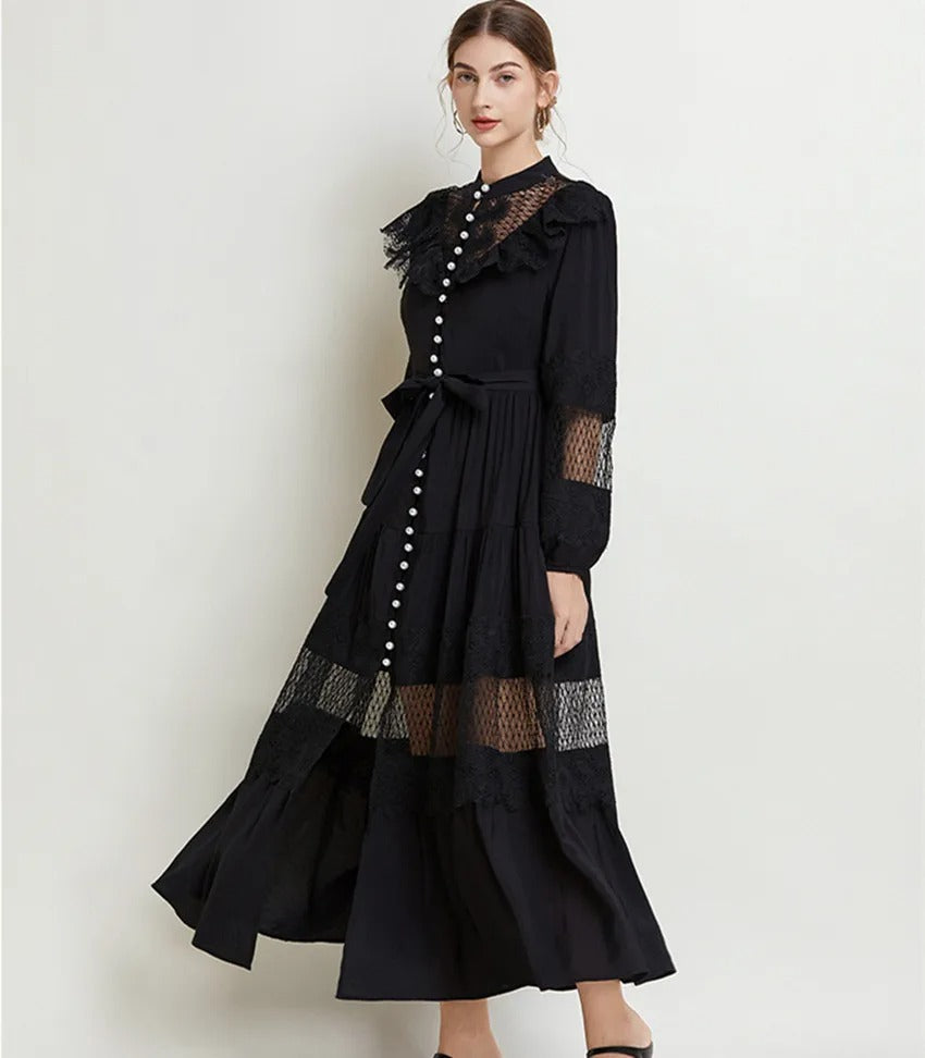 Pearl Button Lace Maxi Dress with Ruffles