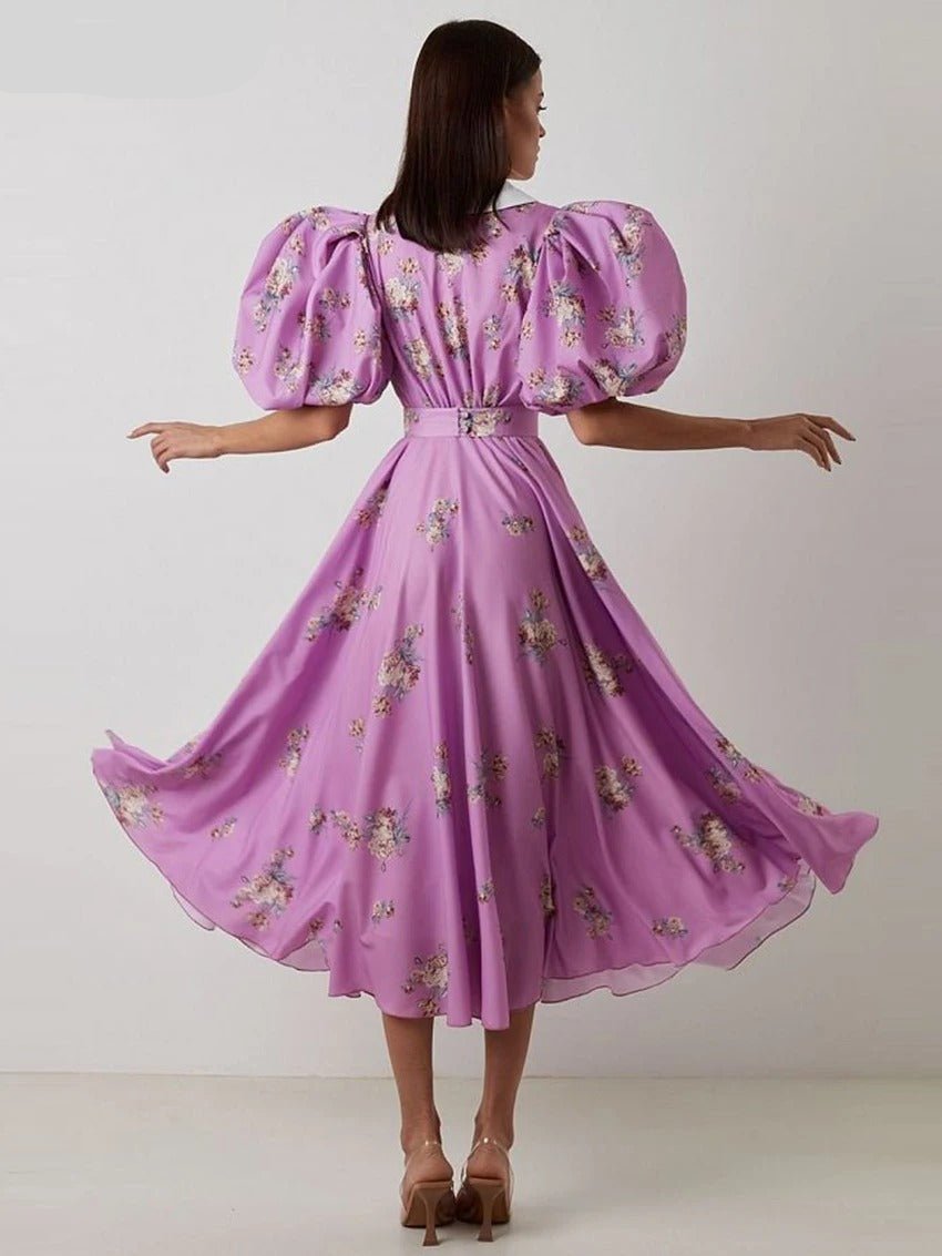 Buttoned Belted Court Style Floral Puff Sleeve Long Dress