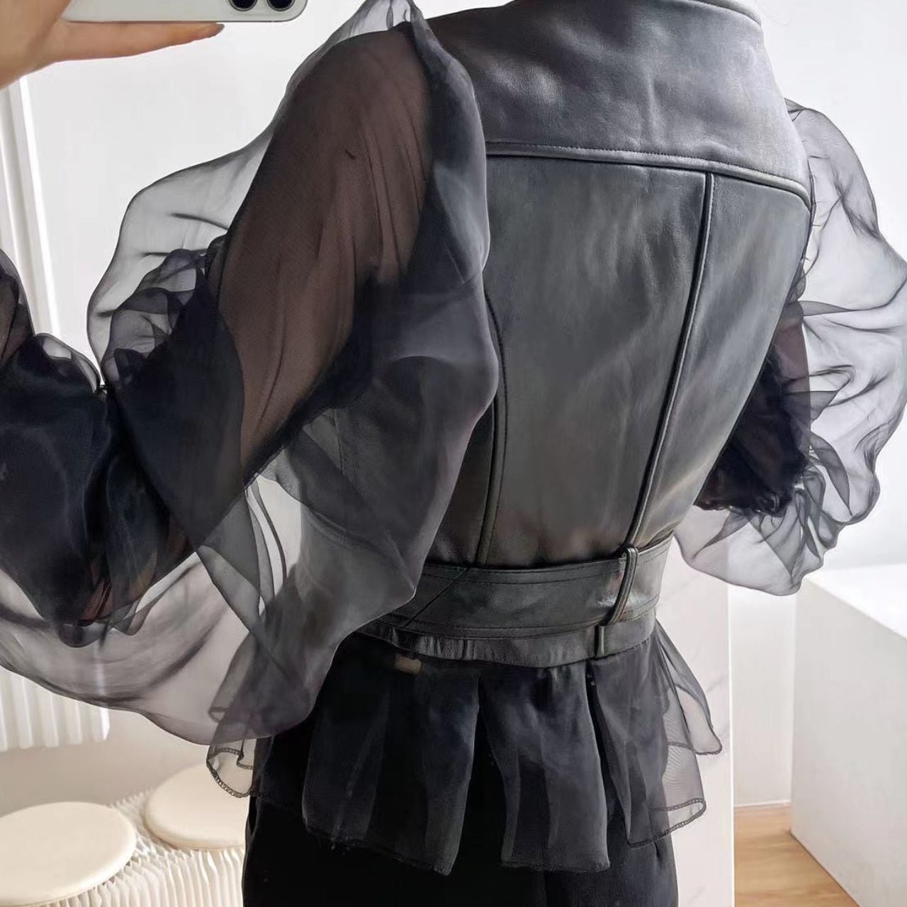 Black Mesh Double Sleeves Jacket with Zipper and Tulle Hem