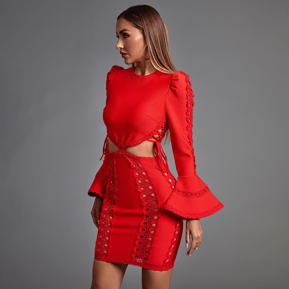 Hollow Out Lace Up Bodycon Mini Dress with Flare Sleeves