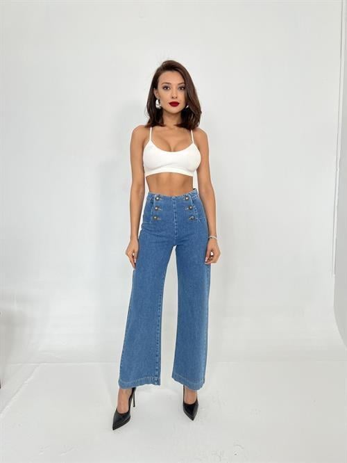 High Waist Denim Button Palazzo Jeans