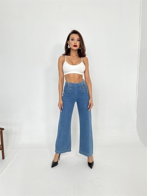 High Waist Denim Button Palazzo Jeans
