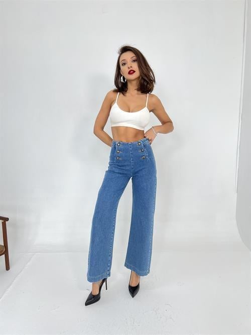 High Waist Denim Button Palazzo Jeans