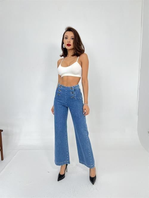 High Waist Denim Button Palazzo Jeans
