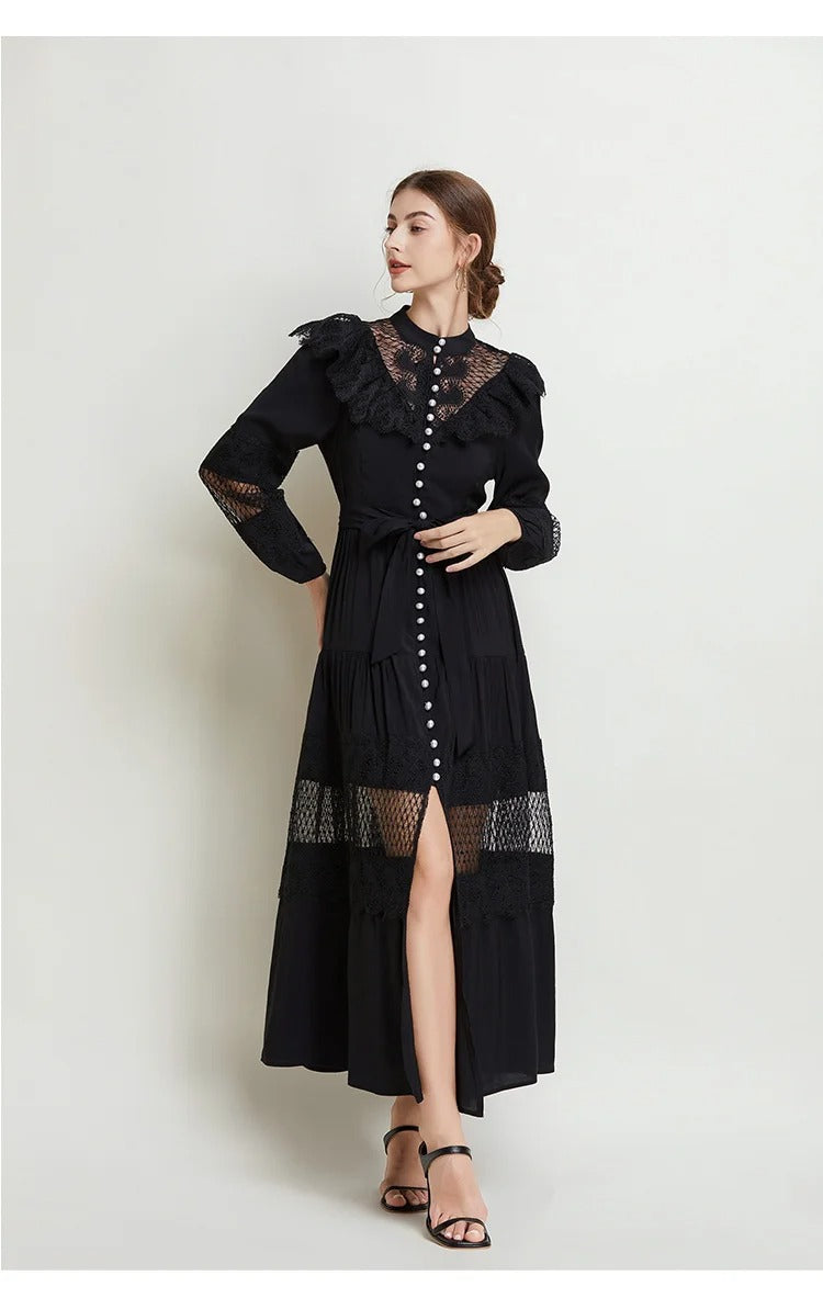 Pearl Button Lace Maxi Dress with Ruffles