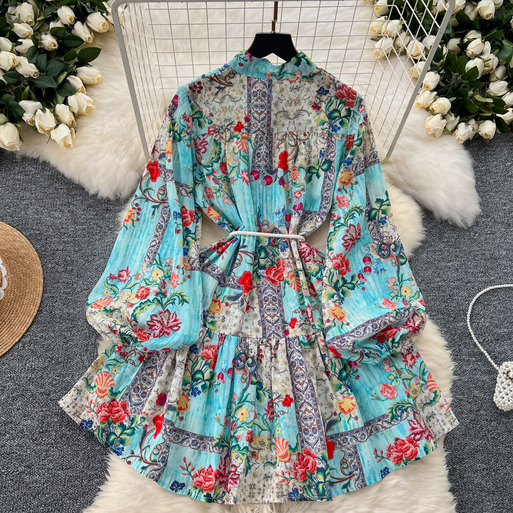 Vintage Floral Print Mini Dress with Long Sleeves and Ruffles