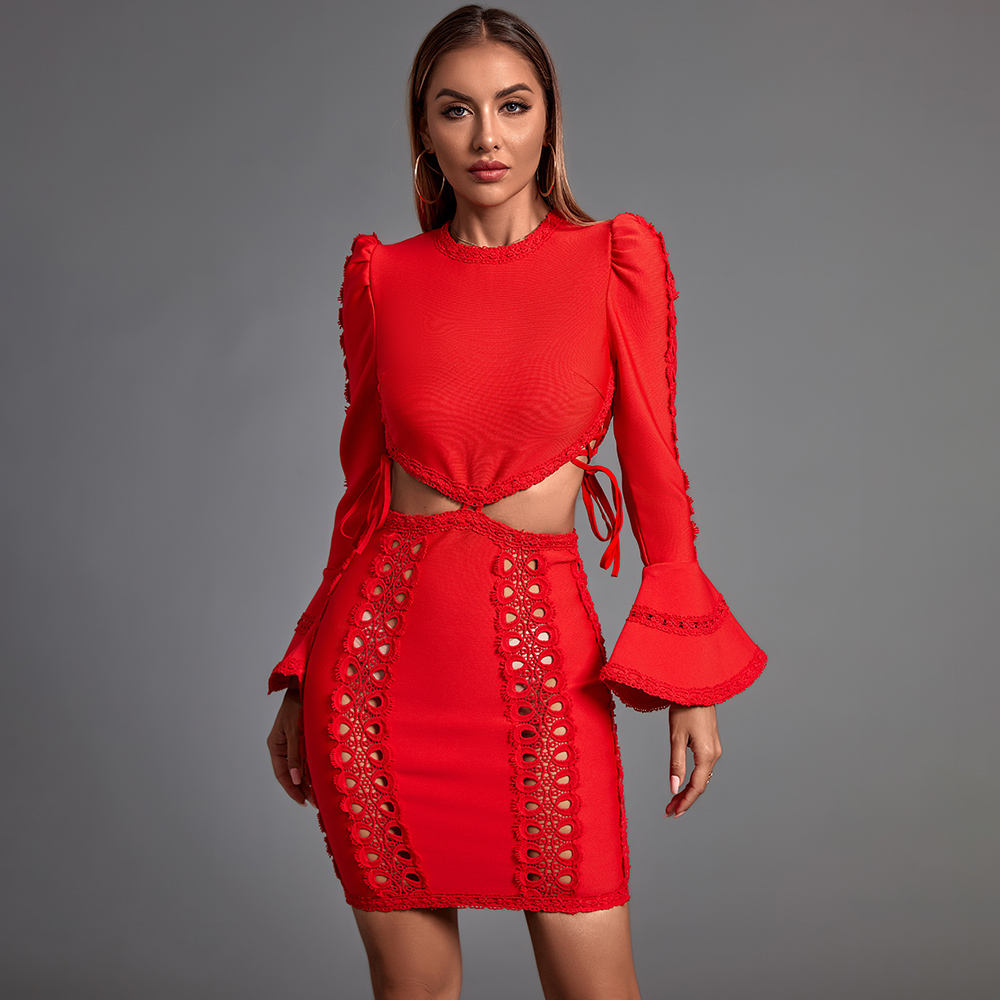 Hollow Out Lace Up Bodycon Mini Dress with Flare Sleeves