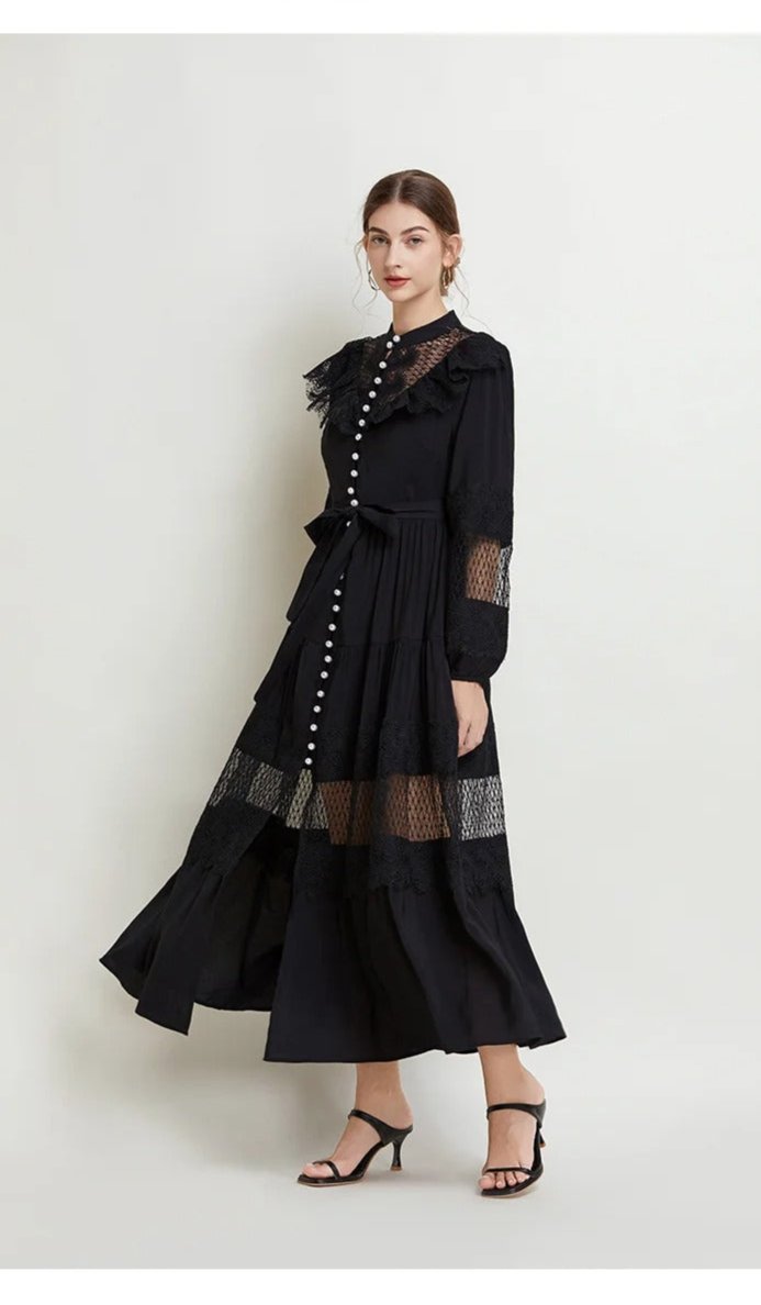 Pearl Button Lace Maxi Dress with Ruffles