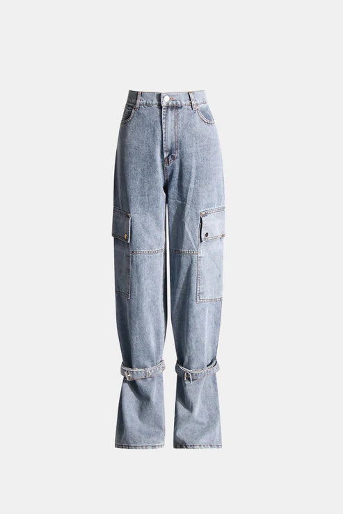 Vintage Street Fashion Strap Lacing Wide Straight Leg Cargo Jeans