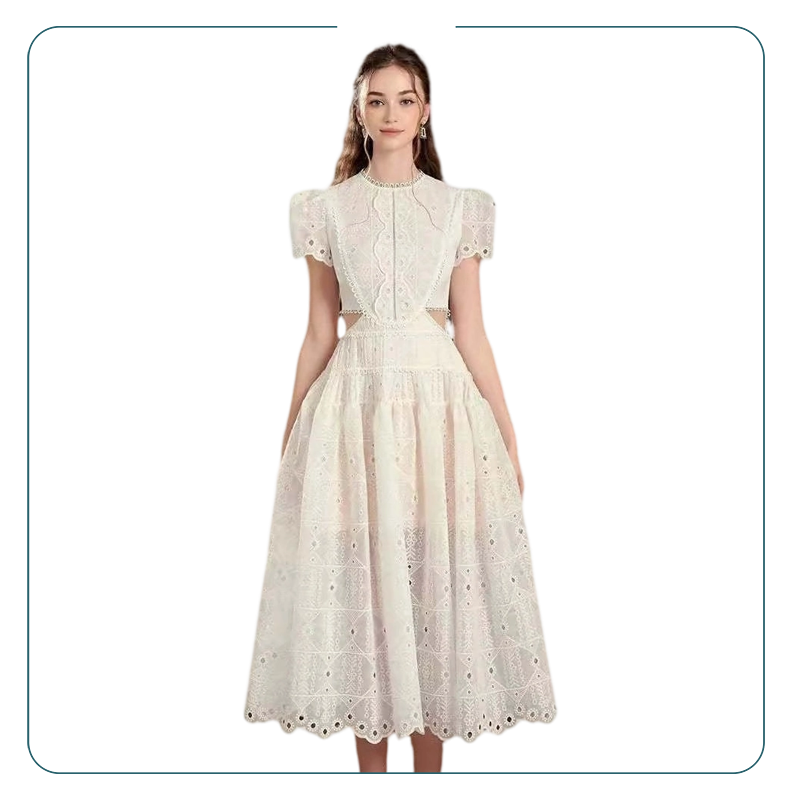 A-Line Lace Hollow Out Round Neck White Dress