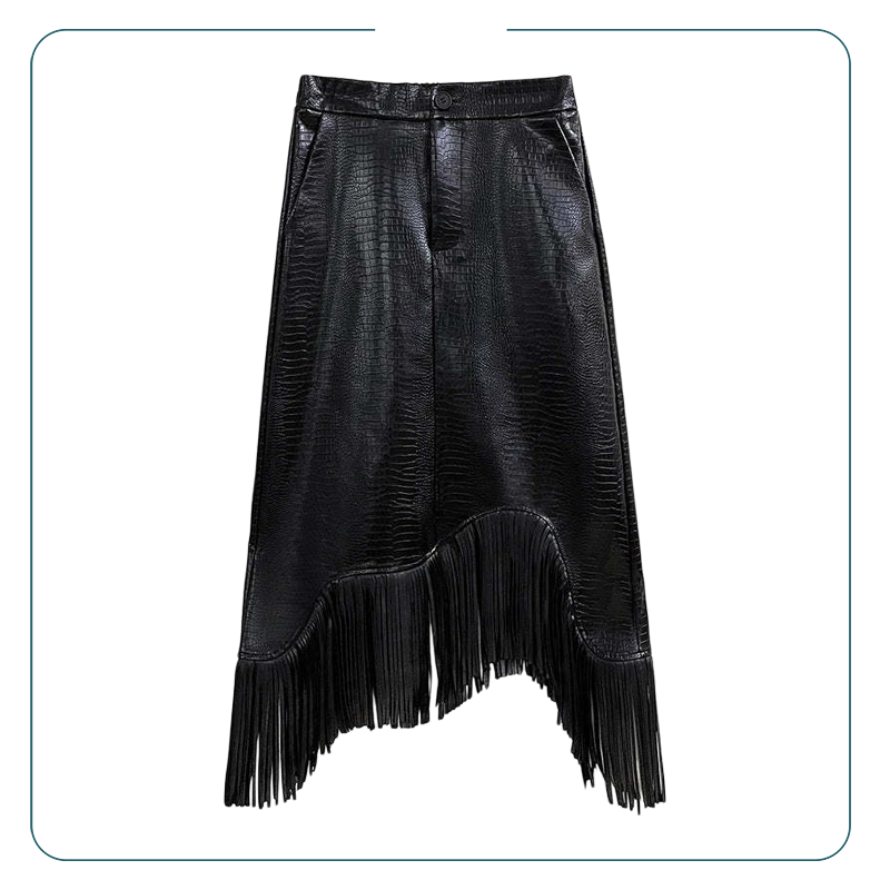 Asymmetric Tassel PU Leather A-Line Skirt