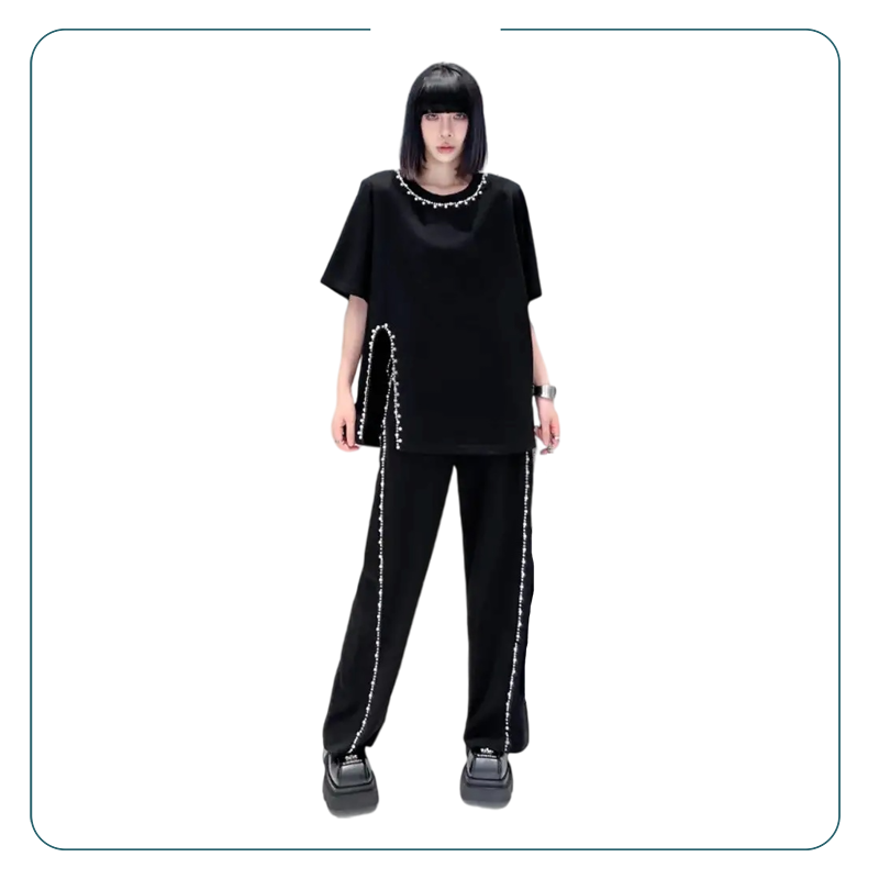 Black Beaded Loose Split T-Shirt & Wide-Leg Pants Set