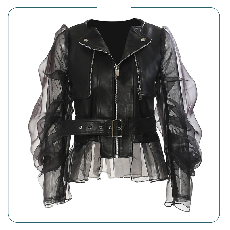 Black Mesh Double Sleeves Jacket with Zipper and Tulle Hem