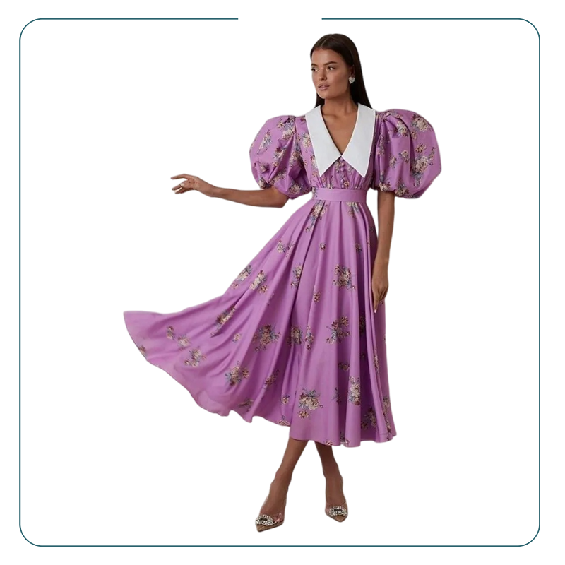 Buttoned Belted Court Style Floral Puff Sleeve Long Dress