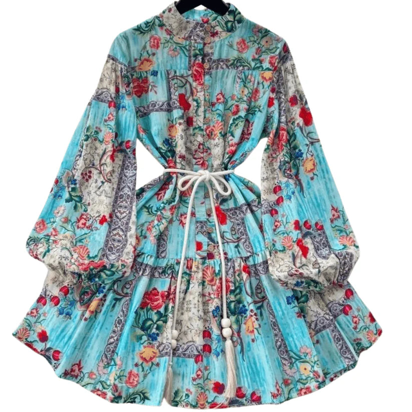 Vintage Floral Print Mini Dress with Long Sleeves and Ruffles