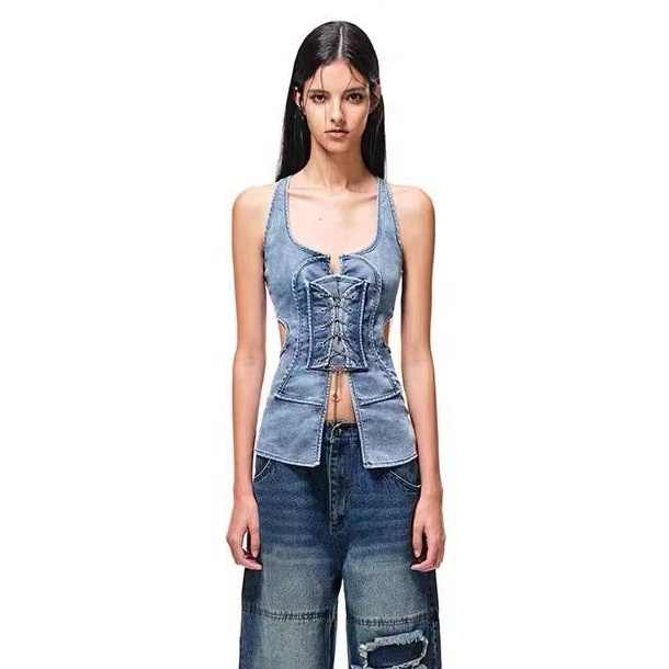 Trendy Stretch Denim Hollow Tank Top