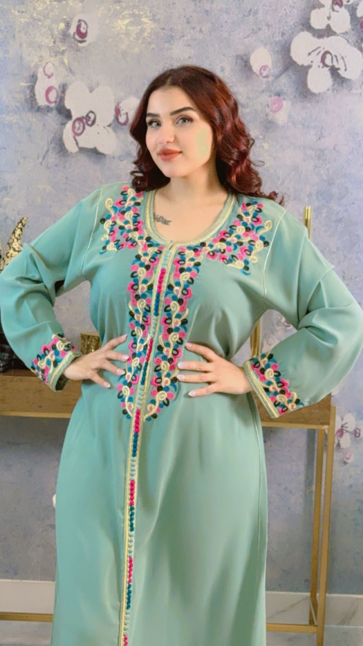 Floral Design Mint Green Kaftan