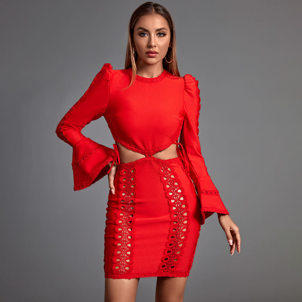 Hollow Out Lace Up Bodycon Mini Dress with Flare Sleeves